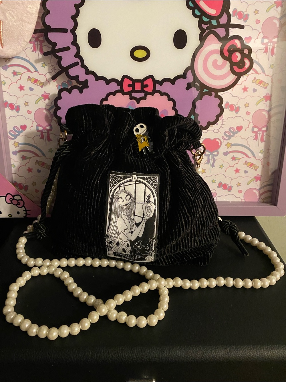 Pearl-Strand Black Velvet Drawstring Crossbody Bag